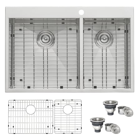 Ruvati 33"x22" Drop-in 60/40 Dbl Bowl 16Ga Zero Radius Topmnt SS Kitchen Sink RVH8050